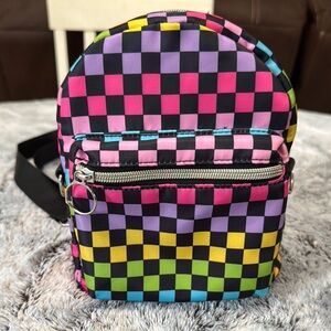 NWOT Girls‎ Mini Backpack Bright Checkered Multi Color Pockets Adjustable Strap.